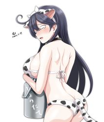 Rule 34 | 1girl, ahoge, animal ears, animal print, ass, bikini, black hair, breasts, butt crack, commentary request, cow ears, cow girl, cow horns, cow print, cow tail, cowboy shot, dated, fake animal ears, horns, kantai collection, large breasts, long hair, milk churn, signature, simple background, solo, swimsuit, tail, tears, tk8d32, translation request, ushio (kancolle), white background