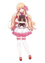 Rule 34 | 1girl, arm at side, blonde hair, bow, commentary request, footwear bow, frilled skirt, frilled sleeves, frilled thighhighs, frills, full body, hair ornament, hair ribbon, head tilt, highres, holding, holding stuffed toy, kanji hair ornament, keisenko, long hair, looking at viewer, mary janes, open mouth, original, pink ribbon, puffy short sleeves, puffy sleeves, red bow, red eyes, red footwear, red ribbon, ribbon, shirt, shoes, short sleeves, sidelocks, simple background, skirt, skirt set, smile, snozaki, solo, standing, stuffed animal, stuffed toy, teddy bear, thighhighs, very long hair, white background, white shirt, white skirt, white thighhighs