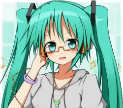 Rule 34 | 1girl, bad id, bad pixiv id, bespectacled, blush, glasses, green eyes, green hair, hair ribbon, hatsune miku, headphones, hood, hoodie, jewelry, karamoneeze, matching hair/eyes, necklace, open mouth, pendant, project diva, project diva (series), project diva 2nd, ribbon, smile, solo, spring onion, twintails, vocaloid