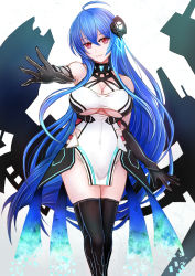Rule 34 | 1girl, azur lane, bare shoulders, black gloves, black thighhighs, blue hair, breasts, cleavage, covered navel, gloves, hair between eyes, helena (azur lane), helena (meta) (azur lane), highres, impossible clothes, large breasts, long hair, looking at viewer, outstretched arm, pelvic curtain, red eyes, rigging, sai-go, simple background, smile, solo, thighhighs, underboob, very long hair, white background