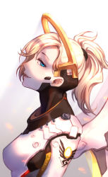 Rule 34 | 1girl, armor, blonde hair, blue eyes, breastplate, breasts, c piao jun, from side, gloves, halo, high ponytail, highres, lips, looking at viewer, mechanical halo, mechanical wings, mercy (overwatch), overwatch, overwatch 1, parted lips, profile, solo, weapon, wings
