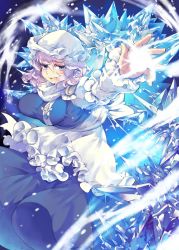 Rule 34 | 1girl, apron, blue eyes, breasts, commentary, dress, hat, ice, iroyopon, juliet sleeves, large breasts, letty whiterock, long sleeves, mob cap, open mouth, puffy sleeves, purple dress, purple hair, shirt, solo, touhou, waist apron