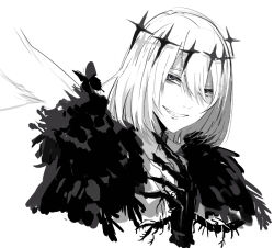 Rule 34 | 1boy, cloak, commentary request, cropped torso, fate/grand order, fate (series), fur-trimmed cloak, fur trim, grin, hair between eyes, hand up, kayanogura, looking at viewer, male focus, oberon (fate), oberon (third ascension) (fate), shirt, simple background, smile, solo, upper body, white background