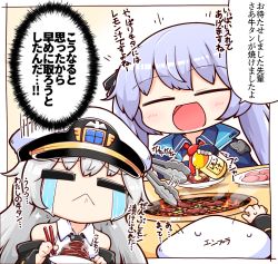 Rule 34 | 2girls, :&lt;, :d, = =, afterimage, azur lane, beef, black coat, black neckwear, black ribbon, blue cloak, blue dress, blue hair, blush, braid, chopsticks, cloak, coat, collared cloak, collared dress, collared shirt, commentary request, cooking, crying, dress, eating, enterprise (azur lane), essex (azur lane), fire, food, french braid, fruit, gloves, grill, grilling, hair ribbon, hat, holding, holding chopsticks, holding plate, kado (hametunoasioto), lemon, long hair, meat, military hat, motion lines, multiple girls, necktie, off-shoulder coat, off shoulder, open clothes, open coat, open mouth, partially fingerless gloves, peaked cap, plate, red neckwear, ribbon, shirt, silver hair, simple background, sitting, sleeveless, sleeveless shirt, smile, smoke, speech bubble, streaming tears, sweatdrop, table, tears, thought bubble, tongs, translation request, twintails, upper body, very long hair, white background, white headwear, white shirt, yakiniku