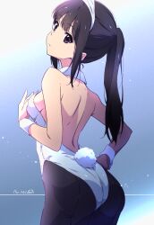 Rule 34 | 1girl, alternate costume, animal ears, ass, backless leotard, bare shoulders, black hair, black pantyhose, breasts, closed mouth, commentary, detached collar, fake animal ears, fake tail, high ponytail, highres, inoue takina, leotard, lycoris recoil, medium breasts, nii manabu, pantyhose, playboy bunny, purple eyes, rabbit ears, rabbit tail, solo, tail, white leotard