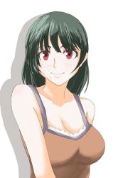 Rule 34 | 00s, 1girl, breasts, cleavage, green hair, idolmaster, idolmaster (classic), idolmaster 1, large breasts, mole, mole under mouth, otonashi kotori, red eyes, solo, tank top, upper body, willwind30