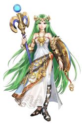 Rule 34 | 1girl, absurdres, armlet, armor, asymmetrical clothes, bare shoulders, belt, bracelet, circlet, cross-laced footwear, crown, dress, gem, green eyes, green hair, high heels, highres, hirooka masaki, holding, jewelry, kid icarus, kid icarus uprising, lace, lace-trimmed legwear, lace trim, light smile, long hair, looking at viewer, lots of jewelry, matching hair/eyes, multiple belts, neck ring, necklace, nintendo, official art, palutena, parted bangs, pendant, rope, shield, shoes, side slit, single thighhigh, smile, solo, staff, standing, strapless, strapless dress, swept bangs, thighhighs, transparent background, vambraces, very long hair, white thighhighs