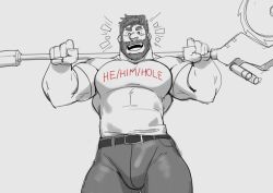 Rule 34 | 1boy, absurdres, bara, beard, buck (cheschirebacon), bulge, cheschirebacon, facial hair, feet out of frame, greyscale, happy aura, he/him/hole shirt, highres, holding behind neck, large pectorals, looking at viewer, male focus, mature male, monochrome, muscular, muscular male, mustache, original, pants, pectorals, shirt, short hair, solo, spot color, strongman waist, thick eyebrows, thick mustache, thick neck, thick thighs, thighs, tight clothes, tight shirt