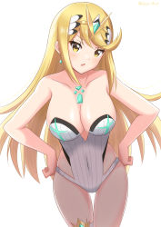 Rule 34 | 1girl, absurdres, bare arms, bare shoulders, blonde hair, breasts, chest jewel, cleavage, collarbone, commentary request, covered navel, earrings, hair ornament, hands on own hips, highres, jewelry, large breasts, light blush, long hair, looking at viewer, mythra (radiant beach) (xenoblade), mythra (xenoblade), official alternate costume, one-piece swimsuit, open mouth, ryochan96154, simple background, skindentation, solo, swept bangs, swimsuit, thigh gap, thighlet, tiara, very long hair, white background, white one-piece swimsuit, xenoblade chronicles (series), xenoblade chronicles 2, yellow eyes