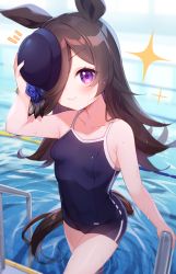 Rule 34 | 1girl, animal ears, arm up, backlighting, bare arms, bare shoulders, black hat, blue flower, blue hat, blue one-piece swimsuit, blue rose, blurry, blurry background, blush, breasts, brown hair, closed mouth, commentary request, covered navel, depth of field, flower, hair over one eye, hand on headwear, hat, hat flower, highres, horse ears, horse girl, horse tail, long hair, notice lines, one-piece swimsuit, pool, pool ladder, purple eyes, rice shower (umamusume), rose, small breasts, smile, solo, sparkle, swimsuit, tail, tilted headwear, tousaki shiina, umamusume, very long hair, water