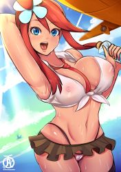 Rule 34 | 1girl, blue eyes, blush, breasts, cameltoe, cleavage, covered erect nipples, creatures (company), female focus, game freak, large breasts, nintendo, pokemon, pokemon bw, red hair, revolverwing, skirt, skyla (pokemon), solo, tagme, thong