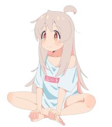 Rule 34 | 1girl, absurdres, ahoge, bare legs, barefoot, blush, brown hair, clothes writing, collarbone, colored inner hair, feet, genderswap, genderswap (mtf), grey hair, hair between eyes, happy, highres, indian style, kosuda, long hair, looking to the side, multicolored hair, naked shirt, no pants, off shoulder, onii-chan wa oshimai!, oversized clothes, oversized shirt, oyama mahiro, pink hair, shirt, short sleeves, simple background, sitting, smile, solo, t-shirt, toes, white background, white shirt