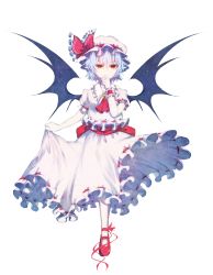 Rule 34 | 1girl, bat wings, clothes lift, deep (deep4946), dress, full body, hair between eyes, hand to own mouth, hat, highres, light purple hair, looking at viewer, mary janes, mob cap, pale skin, pink dress, pointy ears, puffy short sleeves, puffy sleeves, red eyes, remilia scarlet, shoes, short hair, short sleeves, simple background, skirt, skirt lift, slit pupils, solo, touhou, vampire, white background, white legwear, wings