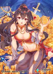 Rule 34 | 1girl, :o, ahoge, arm support, arm up, armlet, bare shoulders, black hair, blush, bracelet, breasts, brown hair, cleavage, coin, copyright name, crop top, crystal, detached sleeves, gem, genie, gold, hair between eyes, holding, jewelry, large breasts, long hair, looking at viewer, navel, necklace, official art, open mouth, panties, ponytail, qurare magic library, red panties, ring, see-through, sitting, solo, underwear, watermark, zenyu
