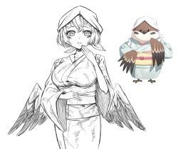 Rule 34 | 1girl, absurdres, beak, bird girl, blue archive, breasts, cowboy shot, crossed bangs, geulyeoom, greyscale, head scarf, highres, humanization, japanese clothes, kimono, large breasts, low wings, monochrome, obi, official art inset, sash, short hair, simple background, solo, sparrow restaurant owner (blue archive), talons, tenugui, upper body, wings, yukata