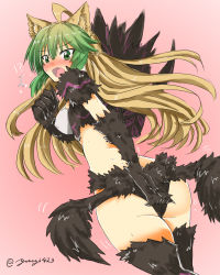 Rule 34 | 1girl, agrius metamorphosis, animal ears, ass, atalanta alter (fate), atalanta (fate), blush, boar, breasts, brown hair, cat ears, embarrassed, fang, fate/apocrypha, fate (series), green eyes, highres, long hair, midriff, multicolored hair, open mouth, panties, pink background, solo, underwear