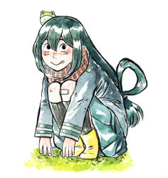 Rule 34 | 1girl, :p, animal, animal on head, asui tsuyu, bandaid, bandaid on knee, bandaid on leg, black eyes, black hair, black socks, blazer, blush, boku no hero academia, boots, closed mouth, dliok, fingernails, frog on head, from side, full body, grass, hair between eyes, hair rings, highres, jacket, kneehighs, knees to chest, knees up, leaning forward, legs together, long hair, long sleeves, looking at viewer, looking to the side, low-tied long hair, nose blush, on head, pleated skirt, red scarf, rubber boots, sanpaku, scarf, school uniform, shiny clothes, sidelocks, skirt, socks, solo, squatting, tongue, tongue out, traditional media, u.a. school uniform, very long hair, white background, yellow footwear