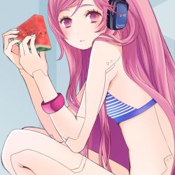 Rule 34 | 1girl, alternate costume, android, bad id, bad pixiv id, doll joints, food, fruit, headphones, holding, holding food, holding fruit, joints, long hair, looking at viewer, pink eyes, pink hair, robot joints, sf-a2 miki, simple background, sitting, solo, vocaloid, watermelon, wogura, wristband