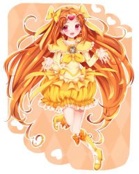 Rule 34 | 10s, 1girl, argyle, argyle background, argyle clothes, boots, bow, bubble skirt, choker, circlet, cure muse, cure muse (yellow), dress, earrings, frills, full body, gathers, hair ribbon, heart, highres, jewelry, knee boots, long hair, magical girl, orange background, orange hair, orange theme, precure, red eyes, ribbon, shirabe ako, skirt, smile, solo, suite precure, uzuki aki, yellow bow, yellow skirt