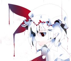 Rule 34 | 1girl, albino, alternate hair color, ambiguous red liquid, ascot, bow, dripping, frills, hair between eyes, hat, ikurauni, mob cap, parted lips, portrait, profile, red bow, red eyes, remilia scarlet, ringed eyes, short hair, solo, touhou, white background, white hair