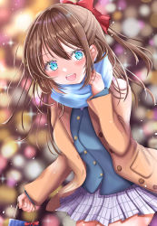 Rule 34 | 1girl, aqua eyes, artist name, artist request, bag, blue eyes, blue scarf, blush, bow, bowtie, breasts, brown coat, brown hair, brown hoodie, brown jacket, coat, collared shirt, female focus, hair between eyes, hair bow, half updo, high ponytail, highres, holding, holding bag, hood, hooded jacket, hoodie, jacket, long hair, long sleeves, looking at viewer, love live!, love live! nijigasaki high school idol club, love live! school idol festival, love live! school idol festival all stars, miniskirt, nijigasaki school uniform, osaka shizuku, outdoors, parted lips, plaid, plaid skirt, pleated, pleated skirt, ponytail, red bow, ribbon, scarf, school uniform, shirt, skirt, small breasts, smile, solo, sparkle, white skirt, wing collar, yellow bow, yellow ribbon