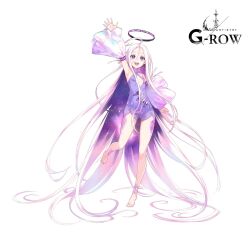 1girl :d absurdly_long_hair ahoge arm_up armpits bare_shoulders blue_eyes colored_inner_hair commentary_request detached_sleeves dress full_body glowing_tattoo halo leg_tattoo lil_(ta_ga_tame_no_alchemist) long_hair looking_at_viewer multicolored_hair official_art open_mouth purple_dress purple_hair purple_halo rinzo second-party_source simple_background smile solo standing standing_on_one_leg ta_ga_tame_no_alchemist tattoo teeth upper_teeth_only very_long_hair white_background white_hair