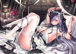 Rule 34 | 1girl, absurdres, armpits, august von parseval (azur lane), august von parseval (the conquered unhulde) (azur lane), azur lane, bed, blue eyes, blue hair, blush, breasts, curled horns, flower, hair over one eye, highres, horns, large breasts, long bangs, long hair, looking at viewer, lying, madaeng, maid, mechanical horns, official alternate costume, on back, pillow, red flower, red rose, rose, shoes, unworn shoes, solo, sweat, thighhighs, white thighhighs