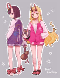 Rule 34 | 2girls, ankle ribbon, back, barefoot, blonde hair, bob cut, breasts, collarbone, contemporary, earrings, eyeliner, facial mark, fate/grand order, fate (series), fiery hair, forehead, forehead mark, full body, gourd, grey background, hair pulled back, hand in pocket, headpiece, highres, horns, ibaraki douji (fate), jacket, jewelry, leg ribbon, legs, letterman jacket, long sleeves, looking at viewer, makeup, multiple girls, oni, pink jacket, pointy ears, purple eyes, purple hair, purple jacket, red ribbon, ribbon, short hair, shuten douji (fate), skin-covered horns, slit pupils, small breasts, star (symbol), stuffed toy, tattoo, yellow eyes, yo-cchi