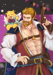 Rule 34 | 1boy, 2boys, abs, absurdres, angel wings, bara, beard, bergamond (crave saga), character request, chest belt, coat, coat on shoulders, collared shirt, cowboy shot, crave saga, eyebrow cut, facial hair, full beard, furry, furry male, gold necklace, gun, highres, holding, holding gun, holding weapon, jewelry, large belt, large pectorals, leather belt, long hair, looking to the side, male focus, mature male, multiple boys, muscular, muscular male, mustache, necklace, open clothes, open coat, pectoral cleavage, pectorals, pirate, ponytail, safu (maimai3737), shirt, smile, solo, stomach, thick eyebrows, thick mustache, turning head, weapon, weapon request, wings, yellow fur