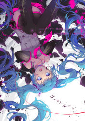 Rule 34 | 1girl, aqua hair, bad id, bad pixiv id, blue eyes, cracked skin, detached sleeves, ekita kuro, ghost rule (vocaloid), hatsune miku, highres, long hair, necktie, open mouth, skirt, solo, thighhighs, twintails, upside-down, very long hair, vocaloid