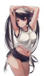Rule 34 | 1girl, absurdres, ahoge, armpits, arms behind head, arms up, black hair, black shorts, blush, breasts, commentary request, cowboy shot, dancing, dolphin shorts, eyes visible through hair, grin, hair ribbon, highres, large breasts, long hair, looking at viewer, me!me!me!, me!me!me! dance (meme), meme, midriff, navel, original, priite hari (torriet), purple eyes, purple ribbon, ribbon, shirt, short shorts, shorts, simple background, sleeveless, sleeveless shirt, smile, solo, torriet, twintails, very long hair, white background, white shirt