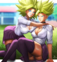Rule 34 | 2girls, abs, absurdres, ass, black choker, blonde hair, blue eyes, blurry, breasts, caulifla, choker, cleavage, collared shirt, day, depth of field, dragon ball, dragon ball super, earrings, elite nappa, feet out of frame, grass, grin, highres, jewelry, kale (dragon ball), kneeling, knees together feet apart, leaning forward, looking at another, miniskirt, multiple girls, on grass, outdoors, panties, panty peek, pleated skirt, potara earrings, purple skirt, purple thighhighs, school uniform, shirt, sitting, skindentation, skirt, sleeves rolled up, smile, spiked hair, super saiyan, thighhighs, toned female, underwear, upskirt, white shirt, yuri, zettai ryouiki