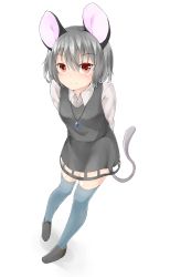 Rule 34 | 1girl, absurdres, animal ears, arms behind back, black footwear, blush, brown eyes, closed mouth, full body, grey hair, grey skirt, grey thighhighs, grey vest, hair between eyes, highres, jewelry, leaning forward, long sleeves, looking at viewer, mouse ears, mouse tail, nazrin, netamaru, pendant, shoes, short hair, skirt, skirt set, smile, solo, standing, tail, thighhighs, touhou, twintails, vest