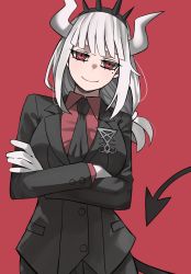 Rule 34 | 1girl, black necktie, blunt bangs, closed mouth, commentary, crossed arms, demon girl, demon tail, gloves, helltaker, highres, horns, jourd4n, long hair, looking at viewer, lucifer (helltaker), mole, mole under eye, necktie, red background, red eyes, red shirt, shirt, simple background, smile, solo, tail, white gloves, white hair, white horns