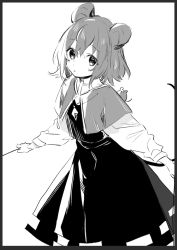 Rule 34 | . ., 1girl, :o, akagashi hagane, animal, animal ears, animal on back, animal on shoulder, black border, blush, border, capelet, cowboy shot, from side, greyscale, hair between eyes, hatching (texture), high collar, highres, jewelry, linear hatching, long sleeves, looking at viewer, looking to the side, medium skirt, monochrome, mouse (animal), mouse ears, mouse girl, mouse tail, nazrin, nose blush, outstretched arms, parted lips, pendant, puffy long sleeves, puffy sleeves, short hair, sidelighting, simple background, sketch, skirt, skirt set, solo, standing, tail, tail raised, tareme, touhou, vest, white background