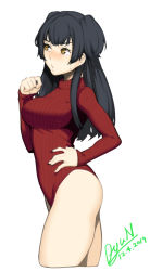 Rule 34 | 1girl, black hair, blush, breasts, closed mouth, cowboy shot, dated, dyun, from side, hand on own hip, hand up, heattech leotard, highres, idolmaster, idolmaster shiny colors, large breasts, leotard, long hair, long sleeves, mayuzumi fuyuko, ribbed leotard, signature, simple background, sleeves past wrists, solo, sweatdrop, turtleneck, two side up, white background, yellow eyes