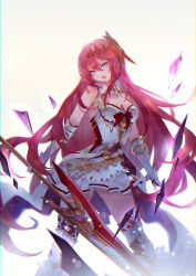 Rule 34 | 1girl, armored boots, blue eyes, boots, breasts, floating hair, gauntlets, godsworn alexiel, granblue fantasy, hair between eyes, hair ornament, head tilt, holding, holding weapon, long hair, looking at viewer, medium breasts, miniskirt, open mouth, pleated skirt, red hair, red ribbon, ribbon, simple background, skirt, solo, standing, thigh boots, thighhighs, very long hair, vienri, weapon, white background, white skirt
