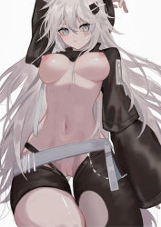 Rule 34 | absurdres, animal ears, arknights, black thighhighs, breasts, cleft of venus, cookie (ppyf5328), grey background, grey eyes, highres, lappland (arknights), large breasts, navel, nipples, no bra, no panties, pussy, scar, scar across eye, scar on face, shorts, shrug (clothing), simple background, solo, thighhighs, thighs, white background, wolf ears, wolf girl