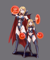 Rule 34 | 2girls, artist request, aura, blonde hair, blue eyes, bodysuit, boots, breasts, cape, corruption, evil grin, evil smile, fantastic four, gloves, grin, highleg, highleg leotard, highres, large breasts, leotard, lips, long hair, looking at viewer, marvel, mother and daughter, multiple girls, navel, shiny clothes, simple background, skin tight, small breasts, smile, sue storm, susan storm, thong leotard, valeria richards