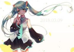 Rule 34 | 1girl, 39, 2018, absurdres, aqua eyes, aqua hair, aqua necktie, black skirt, commentary request, dated, detached sleeves, hatsune miku, highres, long hair, looking at viewer, mikupa, necktie, petals, sapphire, skirt, smile, solo, standing, twintails, vocaloid
