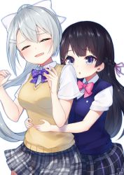 Rule 34 | 2girls, :o, black hair, blush, bow, braid, breasts, closed eyes, collared shirt, commentary request, dress shirt, facing viewer, female focus, fingernails, grey legwear, hair between eyes, hair ribbon, hands on another&#039;s stomach, hands up, high ponytail, highres, higuchi kaede, higuchi kaede (3rd costume), kokone (coconeeeco), long hair, medium breasts, multiple girls, nijisanji, parted lips, pink bow, pink ribbon, plaid, plaid skirt, pleated skirt, ponytail, purple bow, purple eyes, ribbon, school uniform, shirt, short sleeves, signature, silver hair, simple background, skirt, small breasts, sweater vest, tsukino mito, tsukino mito (3rd costume), very long hair, virtual youtuber, white background, white shirt