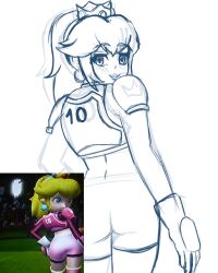 Rule 34 | 1girl, absurdres, ass, ball, breasts, gloves, hand on own hip, highres, large breasts, legs, looking at viewer, looking back, mario (series), mario strikers charged, midriff, monochrome, nintendo, ponytail, princess, princess peach, seductive gaze, seductive smile, shorts, smile, soccer ball, soccer uniform, solo, sportswear, sweat, thighs, zukupow