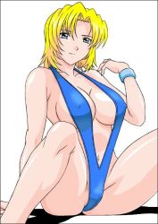 Rule 34 | 1girl, arm support, bare arms, bare shoulders, blonde hair, blue eyes, blue one-piece swimsuit, breasts, cameltoe, covered erect nipples, dead or alive, facing viewer, feet out of frame, large breasts, looking at viewer, medium breasts, navel, one-piece swimsuit, plunging neckline, revealing clothes, rudoni, simple background, sitting, slingshot swimsuit, solo, swimsuit, tecmo, tina armstrong, white background