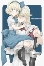 Rule 34 | 2girls, alice margatroid, alice margatroid (pc-98), apron, ascot, black footwear, black legwear, blonde hair, blue ascot, blue eyes, blue ribbon, blue skirt, collared shirt, commentary request, frilled apron, frills, full body, hair ribbon, hairband, high-waist skirt, holding person, juliet sleeves, long sleeves, maid, maid apron, maid headdress, mary janes, multiple girls, petticoat, puffy short sleeves, puffy sleeves, red eyes, ribbon, sakuraba yuuki, shirt, shoes, short hair, short sleeves, skirt, socks, suspender skirt, suspenders, swept bangs, sword, touhou, touhou (pc-98), upper body, weapon, wrist cuffs, yumeko (touhou)
