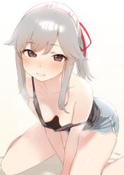 Rule 34 | 1girl, alternate costume, black camisole, blush, breasts, brown eyes, camisole, collarbone, dolphin shorts, grey hair, grey shorts, grin, hair ribbon, highres, kantai collection, long hair, ponytail, red ribbon, ribbon, sakieko, shorts, small breasts, smile, solo, usugumo (kancolle)