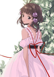 Rule 34 | 1girl, antenna hair, arms at sides, back, blunt bangs, brown eyes, brown hair, choker, detached sleeves, dress, flower, fly 333, frills, from behind, hair ornament, looking back, pink dress, reala (tales), red ribbon, ribbon, short hair, solo, tales of (series), tales of destiny 2