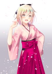 Rule 34 | 1girl, :d, ahoge, black bow, blonde hair, blush, bow, breasts, fate/grand order, fate (series), flower, gradient background, grey background, grey eyes, hair between eyes, hair bow, hakama, hakama skirt, hand on own hip, hand up, holding, holding flower, ittokyu, japanese clothes, kimono, koha-ace, long sleeves, okita souji (fate), okita souji (koha-ace), open mouth, petals, pink flower, pink kimono, purple hakama, signature, skirt, small breasts, smile, solo, white background, wide sleeves