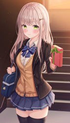 Rule 34 | 1girl, :t, absurdres, bag, black jacket, black thighhighs, blazer, blue bow, blue skirt, blush, bow, box, breasts, brown cardigan, cardigan, closed mouth, collared shirt, commentary request, dress shirt, eyebrows hidden by hair, funii, gift, gift box, green eyes, hair ornament, hairclip, highres, holding, holding gift, indoors, jacket, long hair, looking at viewer, medium breasts, open clothes, open jacket, original, pleated skirt, pout, school bag, school uniform, shirt, silver hair, skirt, solo, stairs, sunset, thighhighs, very long hair, white shirt, x hair ornament
