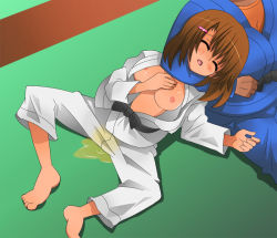 Rule 34 | 1girl, asphyxiation, breasts, brown hair, choke hold, defeat, dougi, closed eyes, japanese clothes, nipples, open clothes, open mouth, open shirt, peeing, peeing self, shamanwer, shirt, strangling, unconscious
