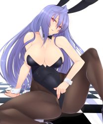 Rule 34 | 1girl, :d, animal ears, bare shoulders, black leotard, blue hair, blush, breasts, checkered floor, cleavage, covered navel, detached collar, dura, fake animal ears, highres, iris heart, kami jigen game neptune v, large breasts, leotard, leotard pull, long hair, looking at viewer, navel, neptune (series), open mouth, pantyhose, pink eyes, playboy bunny, power symbol, power symbol-shaped pupils, rabbit ears, sitting, skin tight, smile, solo, spread legs, strapless, strapless leotard, symbol-shaped pupils, very long hair, wrist cuffs